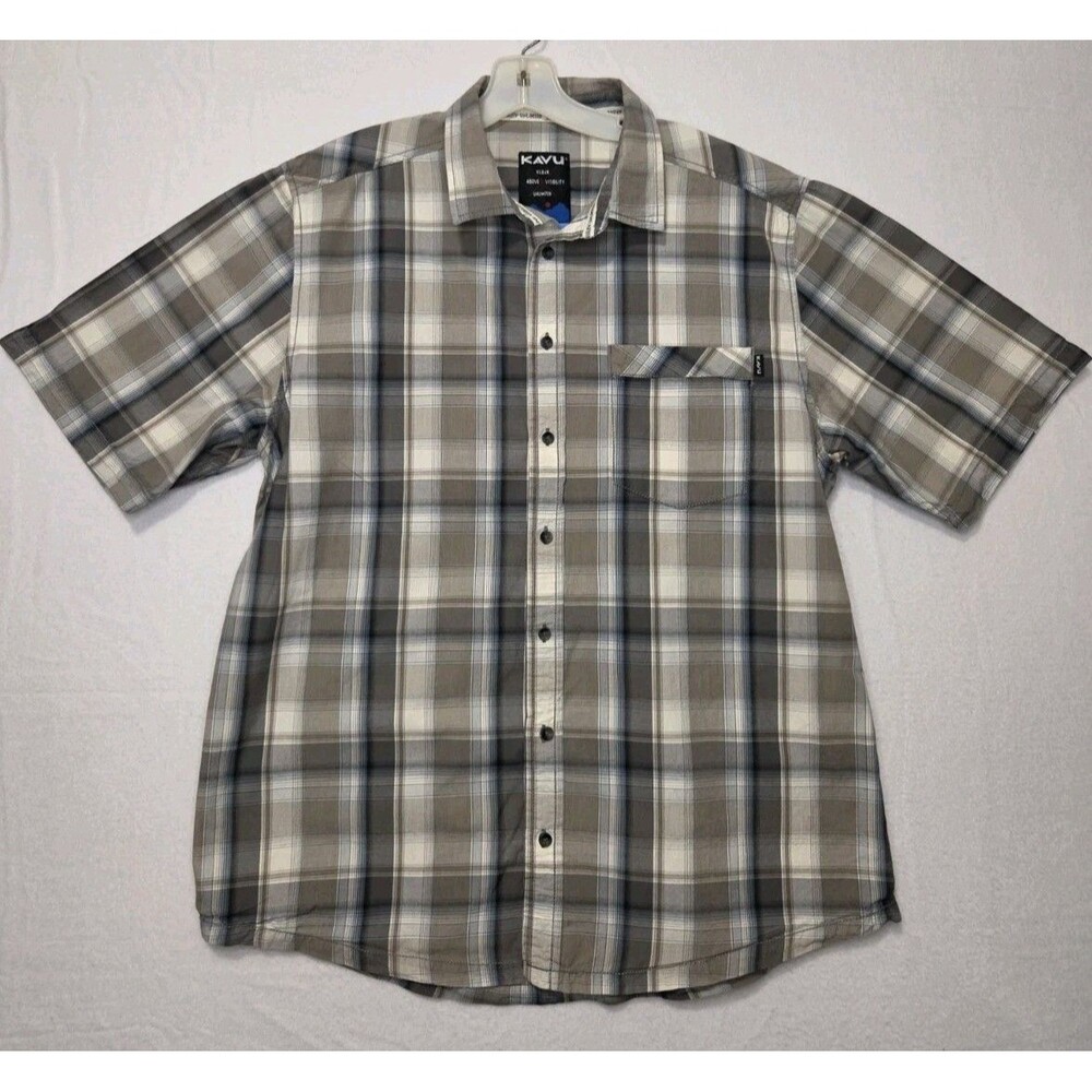 Kavu Button Up XL Plaid Shirt Gray Brown Short Sleeve Gorpcore Outdoor Hiking